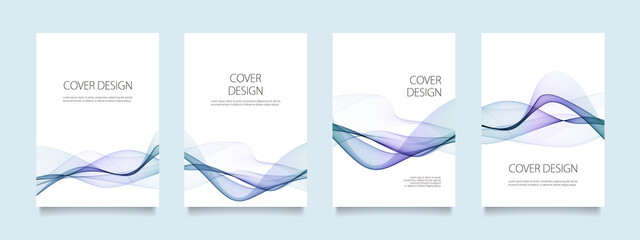白の背景に青と紫のウェーブラインのベクターカバーデザインセット（イラスト）。ビジネスのパンフレット、カード、ポスターなどの背景として。 - obrazy, fototapety, plakaty