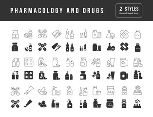 Pharmacology and Drugs. Collection of perfectly simple monochrome icons for web design, app, and the most modern projects. Universal pack of classical signs for category Medicine.