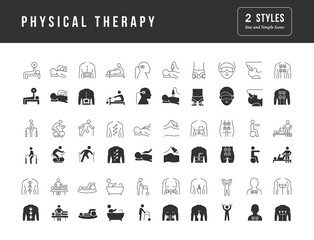 Physical Therapy. Collection of perfectly simple monochrome icons for web design, app, and the most modern projects. Universal pack of classical signs for category Medicine.