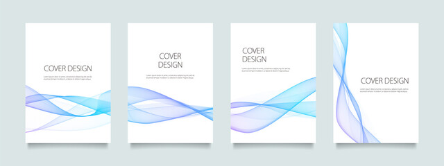 白の背景に青のウェーブラインのベクターカバーデザインセット（イラスト）。ビジネスのパンフレット、カード、ポスターなどの背景として。