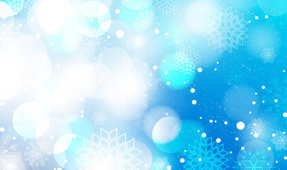Winter blue sky with falling snow, snowflake. Holiday Winter background for Merry Christmas and Happy New Year. Christmas snow. Winter bokeh background with snowflakes. Vector EPS10.