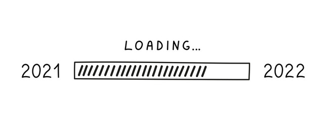 Load bar 2022 new year in doodle style, vector illustration. Hand drawn loading symbol, black isolated element on a white background. Sketch progress bar for ui design