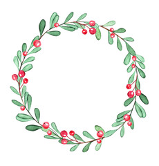 Watercolor mistletoe wreath with red berries isolated on white