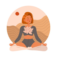 Beautiful woman meditating in Lotus pose. Young woman practicing yoga and breathing exercise cartoon vector illustration