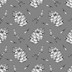 Repeating print with cone, twig and seeds on gray. Ink hand-drawn graphics