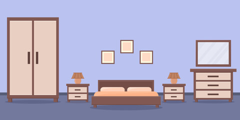 Bedroom with furniture. Interior design. Flat style vector illustration.