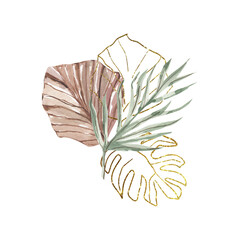 Watercolor tropical leaves with gold glitter leaves bouquet on white background