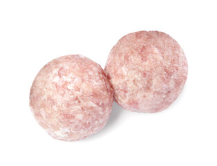 Two fresh raw meatballs isolated on white, top view