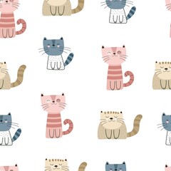 seamless pattern with cartoon cats, decor elements. Colorful vector flat for kids. hand drawing. baby design for fabric, print, wrapper, textile