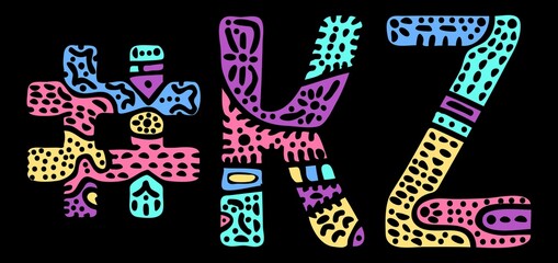 KZ Hashtag. Multicolored bright isolate curves doodle letters. Hashtag #KZ is abbreviation for the Kazakhstan for social network, web resources, mobile apps.