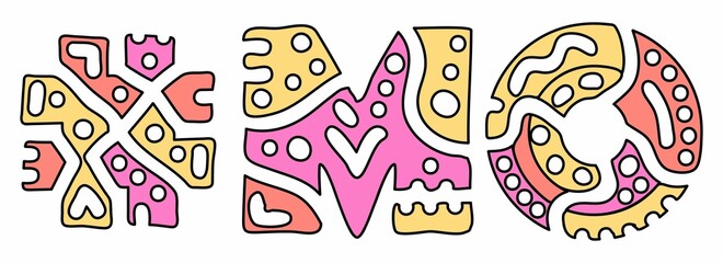 Naklejka premium MO Hashtag. Doodle isolate text. Colored curves decorative doodle letters. Hashtag #MO is abbreviation for the US American state Missouri for print, booklet, banner, flyer.