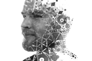 A double exposure portrait of a man combined with abstract geometric shapes.