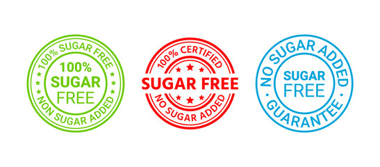 Sugar free rubber stamp. No sugar added badges. Diabetic round labels. Certified stickers. Emblems for packaging. Set of seal imprints isolated on white background. Icon for food. Vector illustration