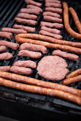 raw barbecue meat isolated on wire. sausages with kebabs and burgers