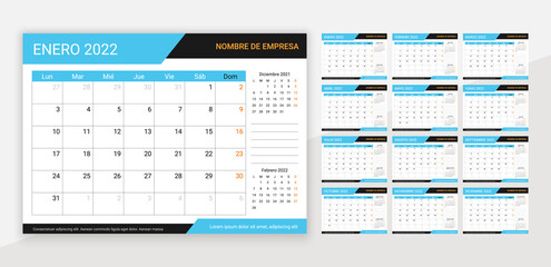 2022 Spanish calendar. Desk planner template. Calender layout for year. Vector. Week starts Monday. Yearly organizer with 12 month. Schedule grid. Horizontal monthly diary. Simple illustration.