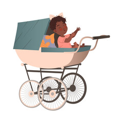 Pretty Little Girl Sitting in Baby Carriage or Pram Vector Illustration
