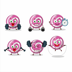 A healthy pink sweet candy cartoon style trying some tools on Fitness center