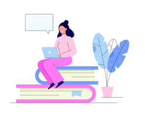A young woman is studying a foreign language, sitting on books. Online learning, teaching. Cartoon student character. Vector illustration isolated on white background.