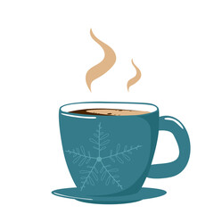 A green cup of hot aromatic coffee for a good mood and a holiday. Vector illustration in hand-drawn style, isolated on a white background