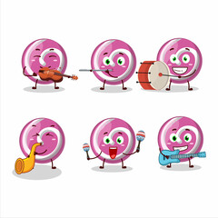 Cartoon character of pink sweet candy playing some musical instruments
