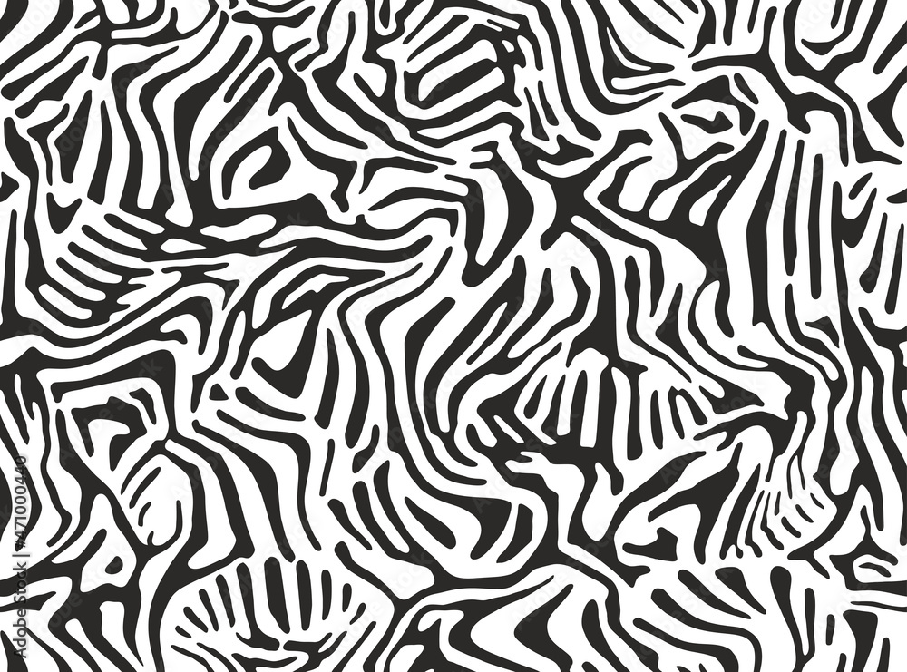 Poster Seamless pattern of abstract black and white stripes. Zebra skin texture. Print for fabric, wallpaper or wrapping paper. Natural ornament. Vector illustration