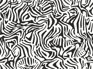 Fototapeta premium Seamless pattern of abstract black and white stripes. Zebra skin texture. Print for fabric, wallpaper or wrapping paper. Natural ornament. Vector illustration