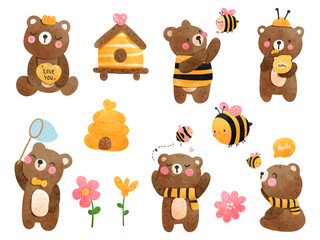 cute bear with little bee, spring season.