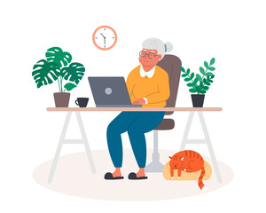 Happy grandma with laptop communicates with her family at home, watches videos, studies online courses or makes purchases. Vector illustration in flat style