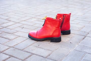 on the paving slabs in the fall is a pair of red women's shoes