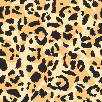 Abstract Leopard pattern. Trendy seamless vector print. Animal texture. Black spots on orange yellow background. Cheetah skin imitation for painted on clothes or fabric.