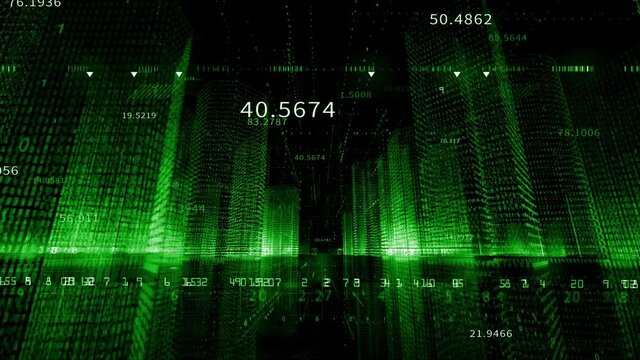 4k Big Data Digital City;Flying Through the Digital binary code urban with Numbers and Grids.3d Blueprint;flowing counters of numbers;Business digital Data;Stock Market;seamless loop. 