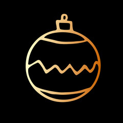 Vector Christmas outline gold tree ball. Element of New year and xmas design in doodle style, isolated. Simple hand drawn illustration for greeting cards, calendars, prints