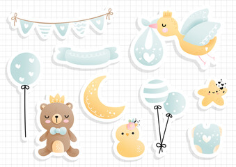 Baby boy sticker, scrapbook. Baby shower sticker sheet