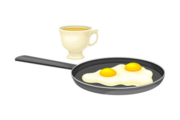 Fryed egg and cup of coffee. Breakfast food. Morning time concept cartoon vector illustration