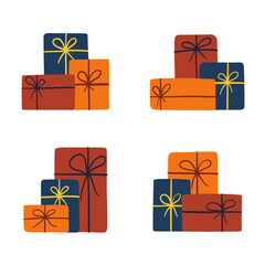 Gift boxes set isolated on white background. For Birthday New Year Holiday. Vector illustration in doodle style