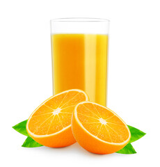 glass of fresh orange juice, an orange cut in half and orange tree leaves isolated on white background with clipping path. concept for packaging 