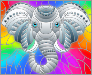 Illustration in the style of stained glass with abstract grey elephant head on a rainbow background, rectangular image