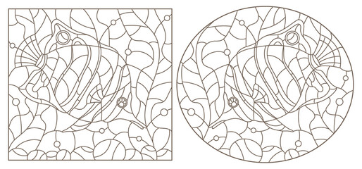 Obraz premium A set of contour illustrations in the stained glass style with butterfly fish on a background of algae, dark contours on a white background