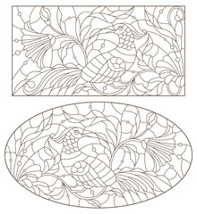 A set of contour illustrations in the style of stained glass with birds and flowers, dark contours on a white background