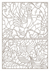Fototapeta na wymiar A set of contour illustrations in the style of stained glass with birds and flowers, dark contours on a white background