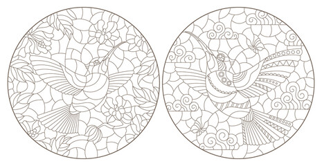 Set of contour illustrations of stained glass Windows with Hummingbird birds and flowers, dark outlines on a white background