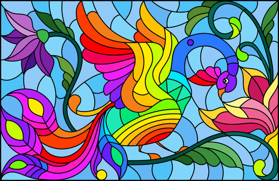 Stained glass illustration with a bright abstract peacock on a background of leaves, flowers and blue sky, rectangular image