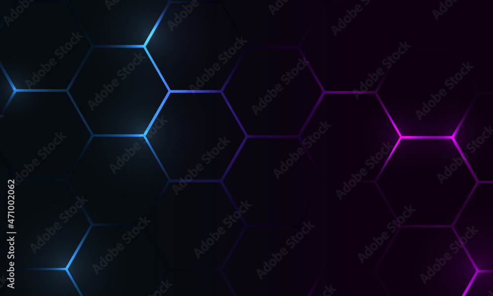 Aufkleber Hexagon technology futuristic dark vector abstract background with blue and pink colored bright flashesunder hexagon. Hexagonal gaming honeycomb abstract background.
