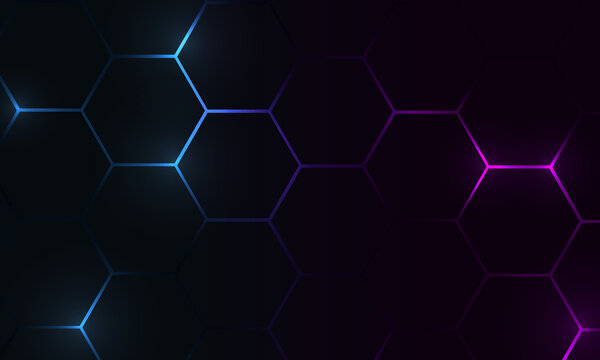 Hexagon technology futuristic dark vector abstract background with blue and pink colored bright flashesunder hexagon. Hexagonal gaming honeycomb abstract background.