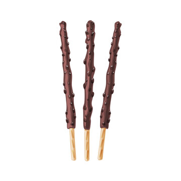 Chocolate biscuit sticks with almond crush on a white isolated background. Delicious dessert. Vector cartoon illustration