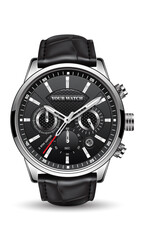 Realistic clock watch sport chronograph black silver red steel for men luxury on white background object vector