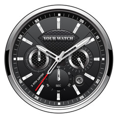 Fototapeta premium Realistic black silver clock watch face chronograph luxury on white background vector
