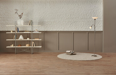White brick and classic brown wall background with bookshelf home accessory, chair carpet and lamp style, parquet floor.
