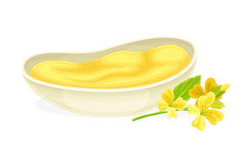 Fototapeta na wymiar Mustard Yellow Paste or Sauce in Bowl and Blossom Vector Illustration
