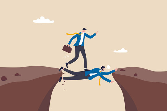 Selfish employee take advantage of other people, supporting boss help other to achieve career success concept, strong business manager use himself as human bridge for other to get pass the cliff.